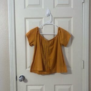 Divided Mustard Yellow Crochet-Front Off-Shoulder Blouse